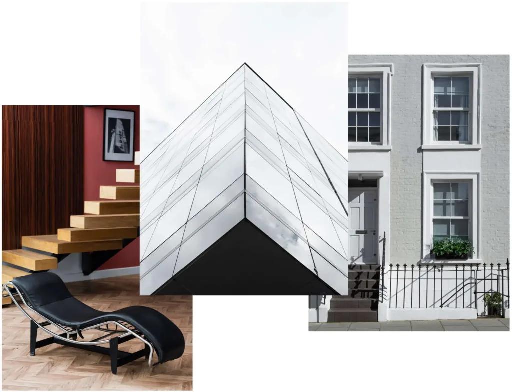 LUV-LEE-Immobilien Collage aus moderner Architektur und stilvollem Wohndesign: Links eine elegante Holztreppe mit roter Wand und Designer-Liege, in der Mitte die spiegelnde Fassade eines modernen Glasgebäudes und rechts die klassische Fassade eines weißen Stadthauses mit Fenstern und grünem Blumenkasten.