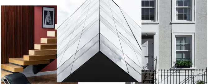 Collage aus moderner Architektur und stilvollem Wohndesign: Links eine elegante Holztreppe mit roter Wand und Designer-Liege, in der Mitte die spiegelnde Fassade eines modernen Glasgebäudes und rechts die klassische Fassade eines weißen Stadthauses mit Fenstern und grünem Blumenkasten.