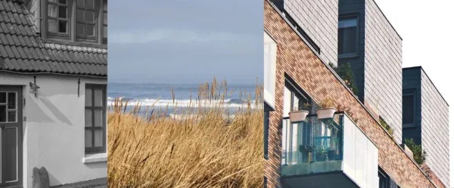 Moderne und traditionelle Architektur treffen auf Küstenflair: Ein historisches Haus mit klassischen Dachpfannen, eine Dünenlandschaft mit Meerblick und ein zeitgemäßes Wohngebäude mit Glasbalkonen symbolisieren den Facettenreichtum norddeutscher Immobilien. Ideal für LUV+LEE Immobilien – Ihr Experte für Immobilien an der Küste.
